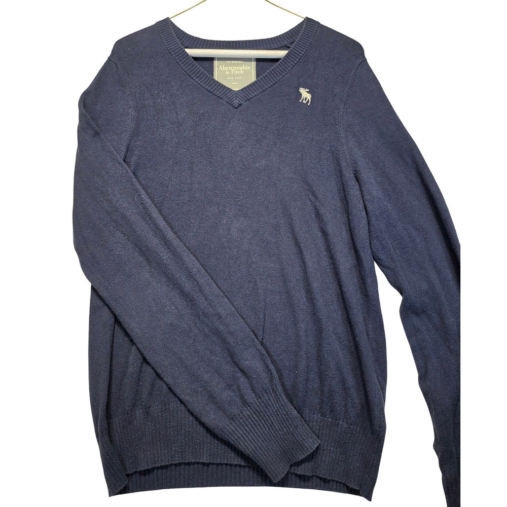 Abercrombie & Fitch Mens V-Neck Sweater Navy Blue Wool Blend Moose Logo Size M